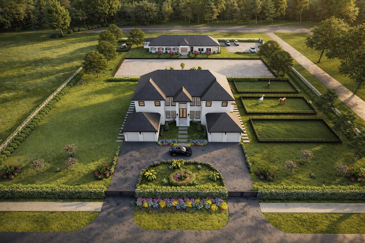 An aerial rendering shows a two-story house with a circular driveway and horse paddocks — 1482 Pelham Road, Wellington FL 33414, WELLINGTON, FL