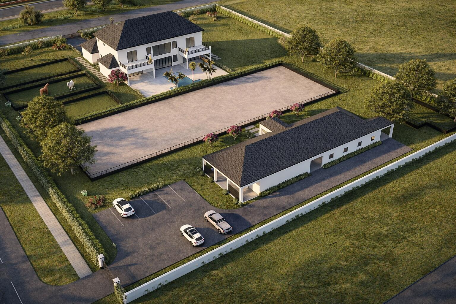 This architectural rendering shows a luxury estate with a main house, stables, and riding arena — 1482 Pelham Road, Wellington FL 33414, WELLINGTON, FL