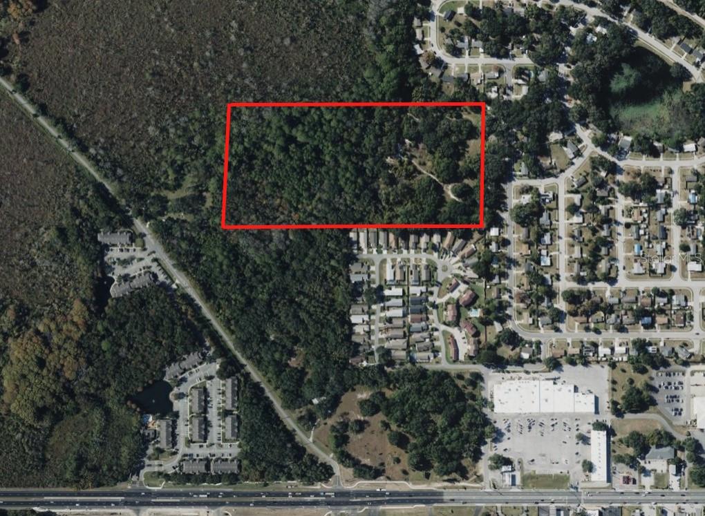 An aerial view shows a rectangular plot of wooded land outlined in red near residential neighborhoods — 000 HAMPTON ROAD, LEESBURG, FL