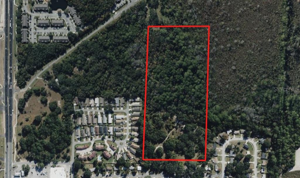 An aerial view shows a rectangular, wooded plot of land outlined in red — 000 HAMPTON ROAD, LEESBURG, FL