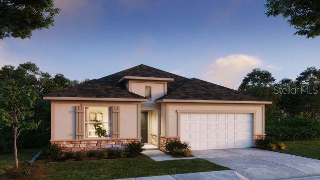 A digital rendering of a single-story suburban house with a stone facade and two-car garage — 6470 CHORUS DRIVE, MASCOTTE, FL