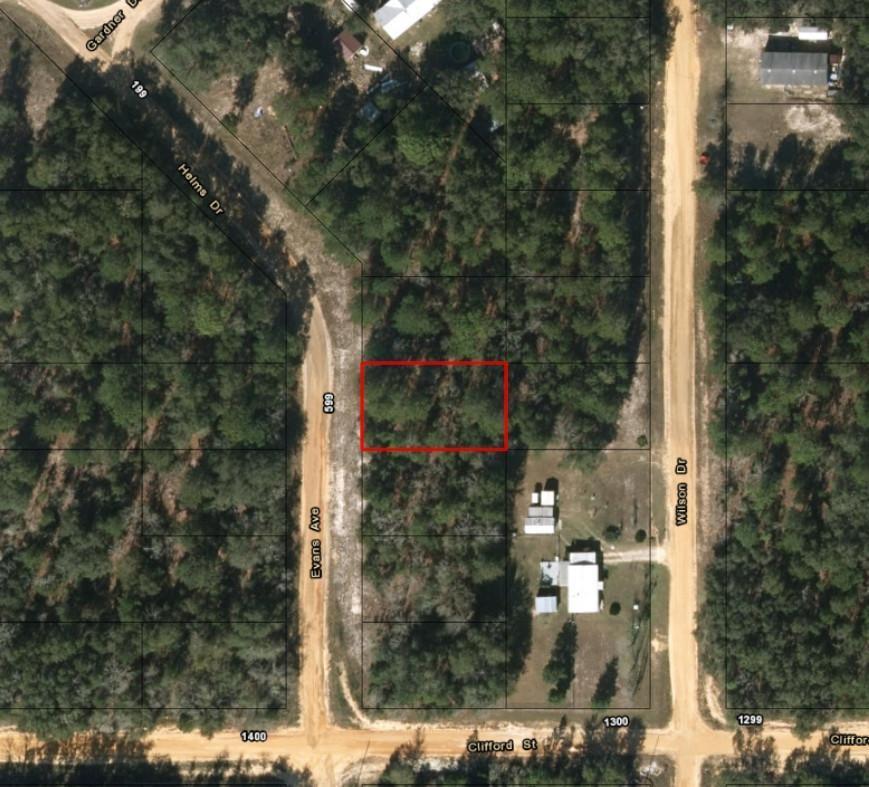 This is an aerial map showing a vacant, wooded lot outlined in red — 0 Evans Avenue, FL 32148, FL