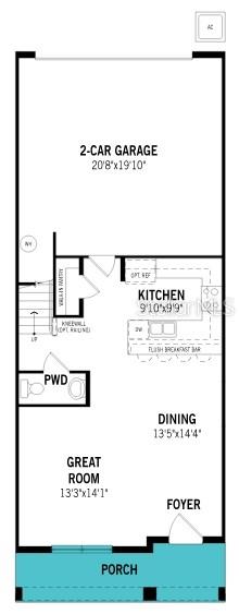 This is a floor plan for the first level of a home featuring a garage, kitchen, dining area, great room, and porch — 160 RAINWOOD STREET, GROVELAND, FL
