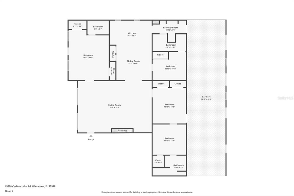 This is a floor plan of a house featuring a living room, kitchen, and car port — 15628 CARLTON LAKE ROAD, WIMAUMA, FL