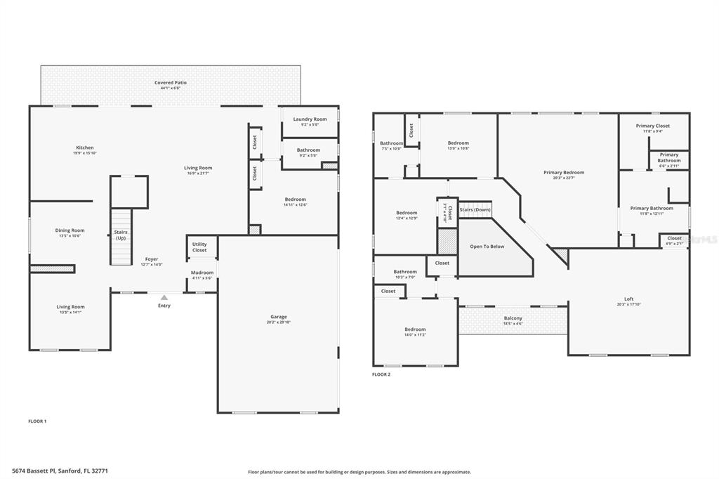 This is a two-story floor plan showing the layout of a residential home — 5674 BASSETT PLACE, SANFORD, FL