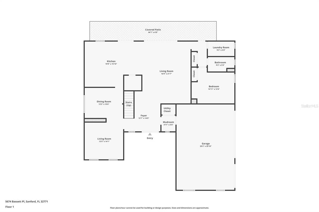 This is a floor plan of a single-story house featuring a garage, patio, and multiple rooms — 5674 BASSETT PLACE, SANFORD, FL