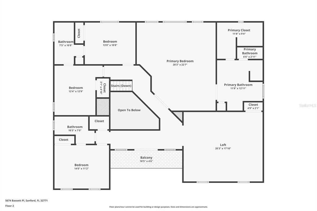 This is a floor plan for the second level of a residential home — 5674 BASSETT PLACE, SANFORD, FL