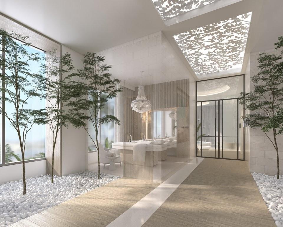 This architectural rendering shows a spa room with massage tables, indoor trees, and decorative lighting — 555 QUAY COMMON UNIT 1903, SARASOTA, FL