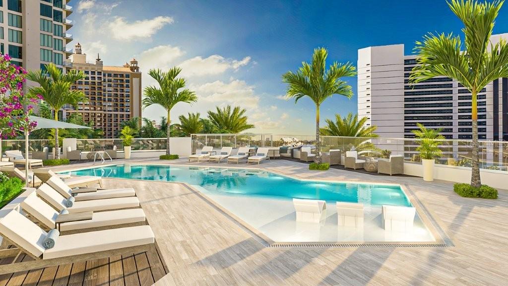 This architectural rendering shows a rooftop swimming pool with lounge chairs and palm trees — 555 QUAY COMMON UNIT 1903, SARASOTA, FL