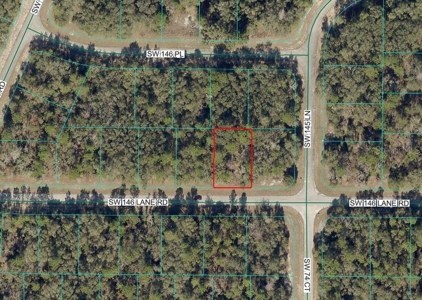 This is an aerial map showing a vacant, rectangular lot outlined in red — SW 146 LANE ROAD, OCALA, FL