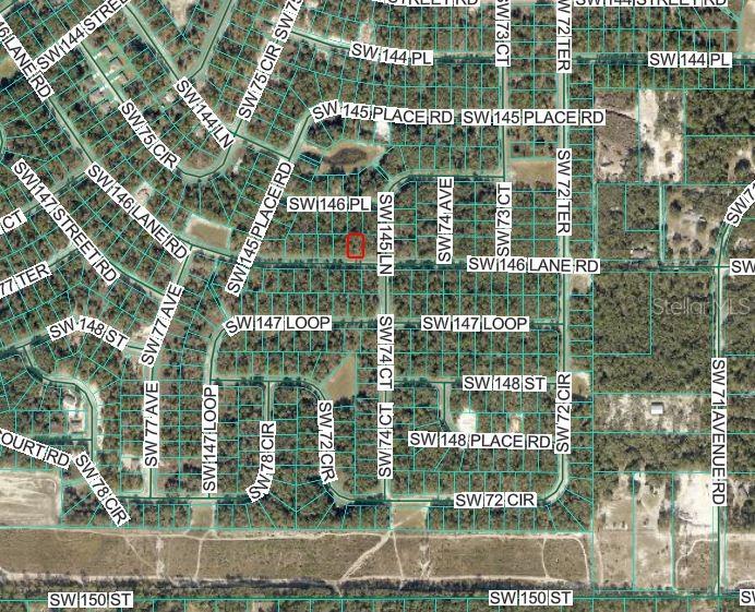 This is a satellite map showing a residential area with a highlighted plot of land — SW 146 LANE ROAD, OCALA, FL