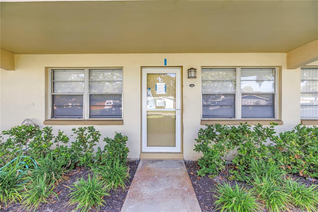 The exterior of a ground-level unit features a glass storm door flanked by two windows — 1051 79TH AVENUE N UNIT 105, ST PETERSBURG, FL