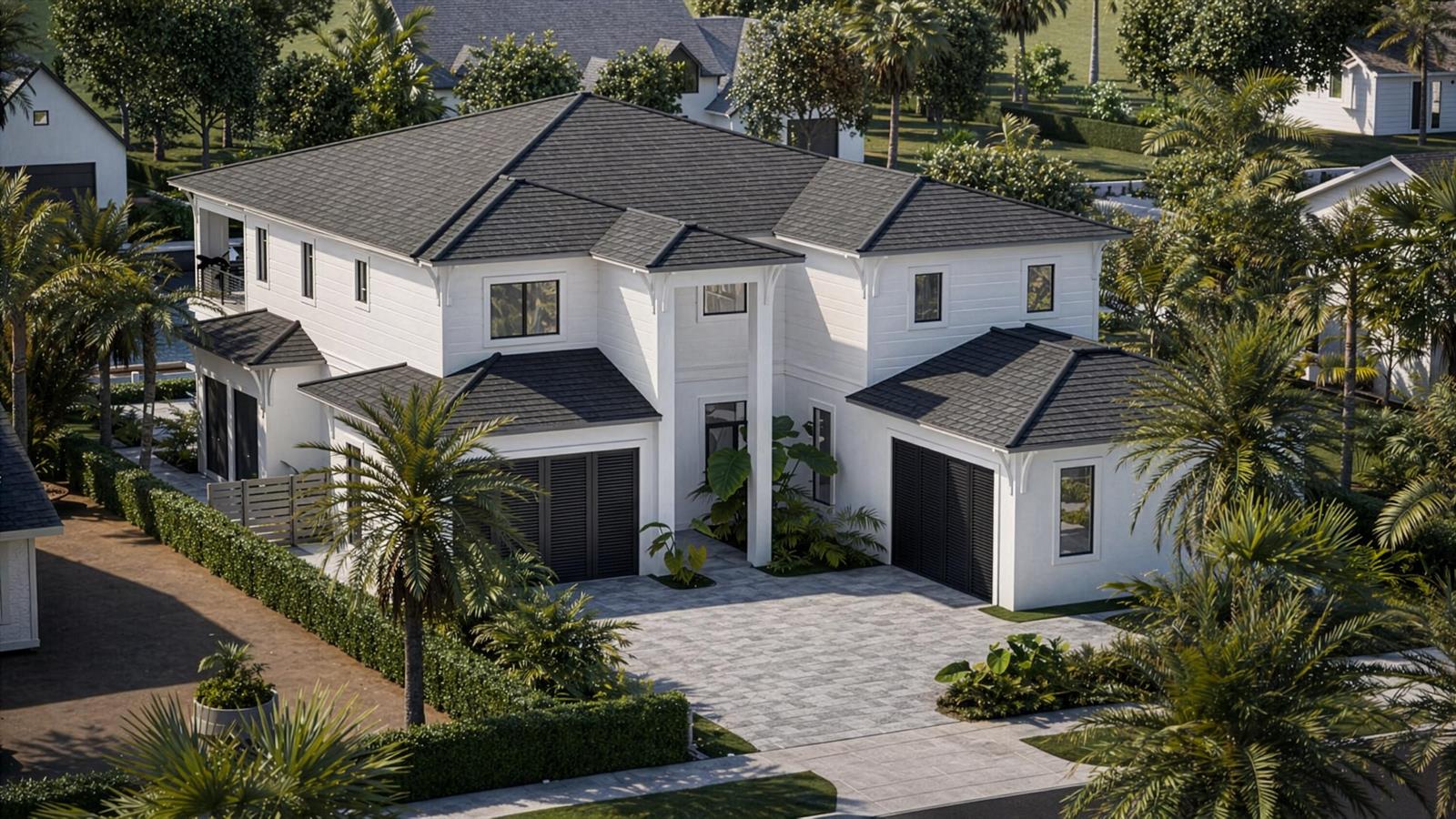 This is a rendering of a two-story white house with a dark roof and two garages — 130 Bowsprit Drive, North Palm Beach FL 33408, NORTH PALM BEACH, FL