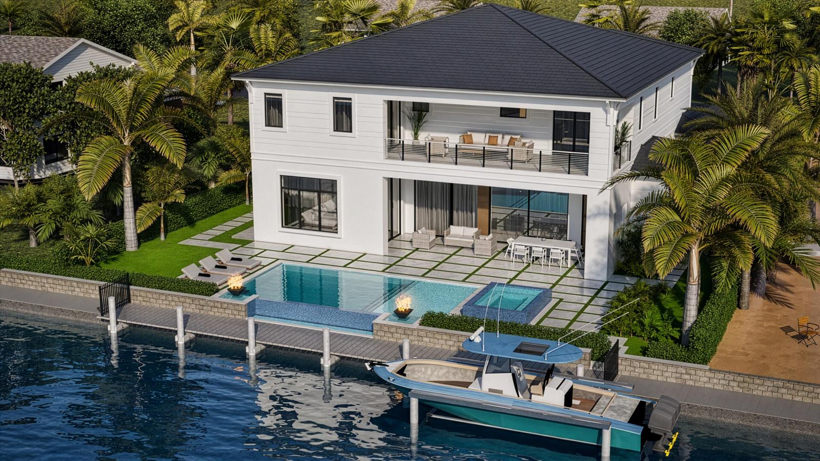 This is a rendering of a two-story waterfront house with a pool, spa, and boat — 130 Bowsprit Drive, North Palm Beach FL 33408, NORTH PALM BEACH, FL