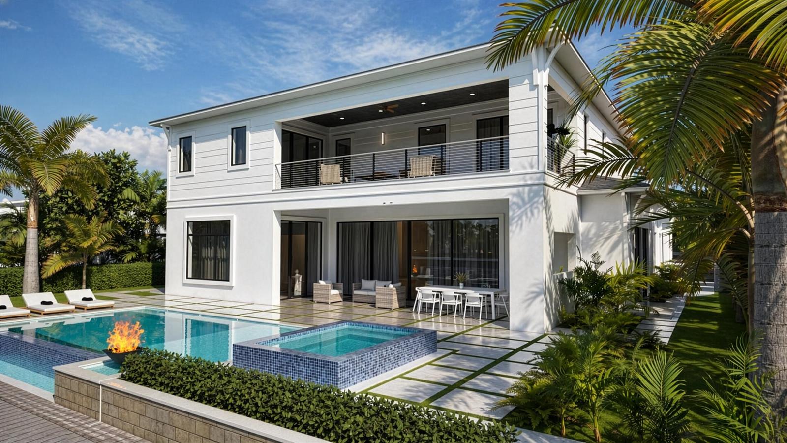 This rendering shows a two-story white house with a swimming pool, spa, and patio — 130 Bowsprit Drive, North Palm Beach FL 33408, NORTH PALM BEACH, FL