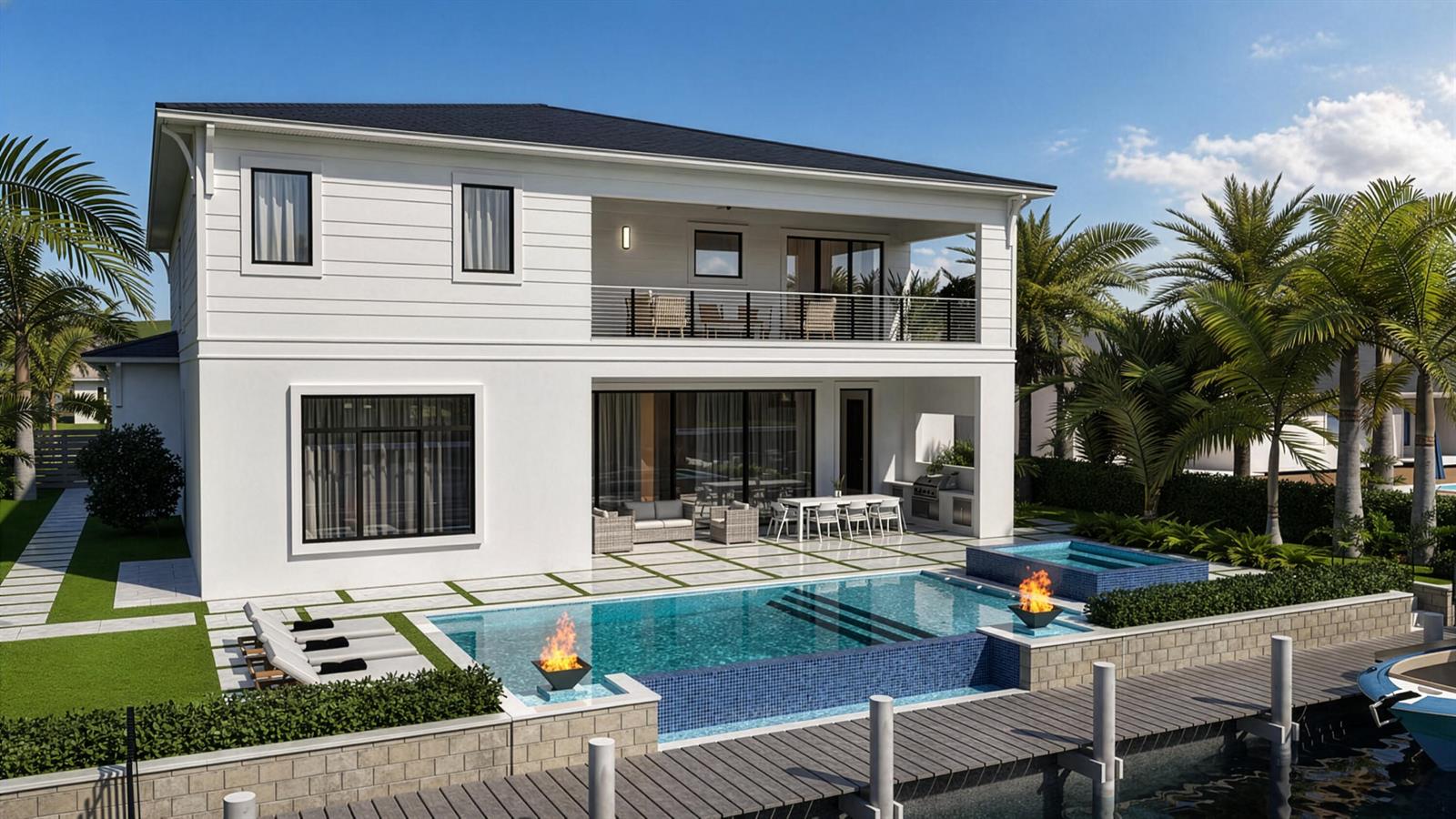 A rendering of a two-story white house with a pool, spa, and private boat dock — 130 Bowsprit Drive, North Palm Beach FL 33408, NORTH PALM BEACH, FL