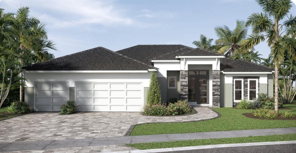 This is a digital rendering of a single-story house with a three-car garage — 62 LITTLE LYNN LOOP, ORMOND BEACH, FLORIDA, FL
