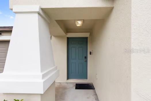 A teal front door is recessed under a covered entryway with a white pillar — 11207 SAGE CANYON DRIVE, RIVERVIEW, FL