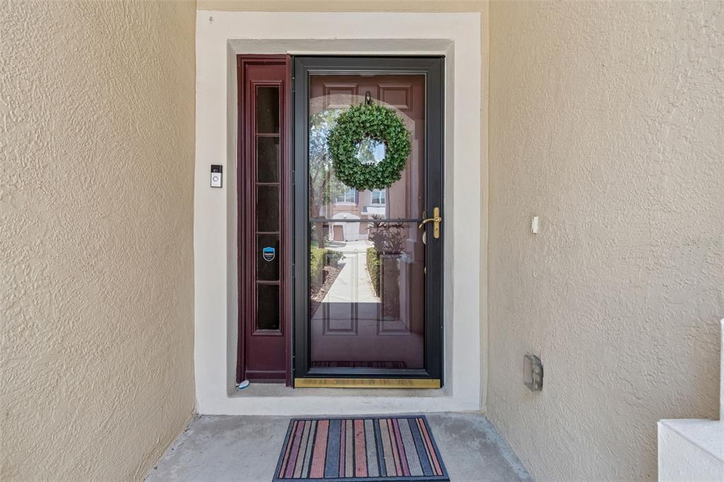 A front entrance features a dark door with a glass storm door and a wreath — 26606 CASTLEVIEW WAY, WESLEY CHAPEL, FL