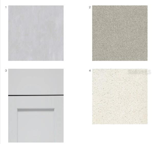 This image shows four material samples including white cabinetry and three different stone countertop finishes — 2770 ARMADALE DRIVE, MOUNT DORA, FL