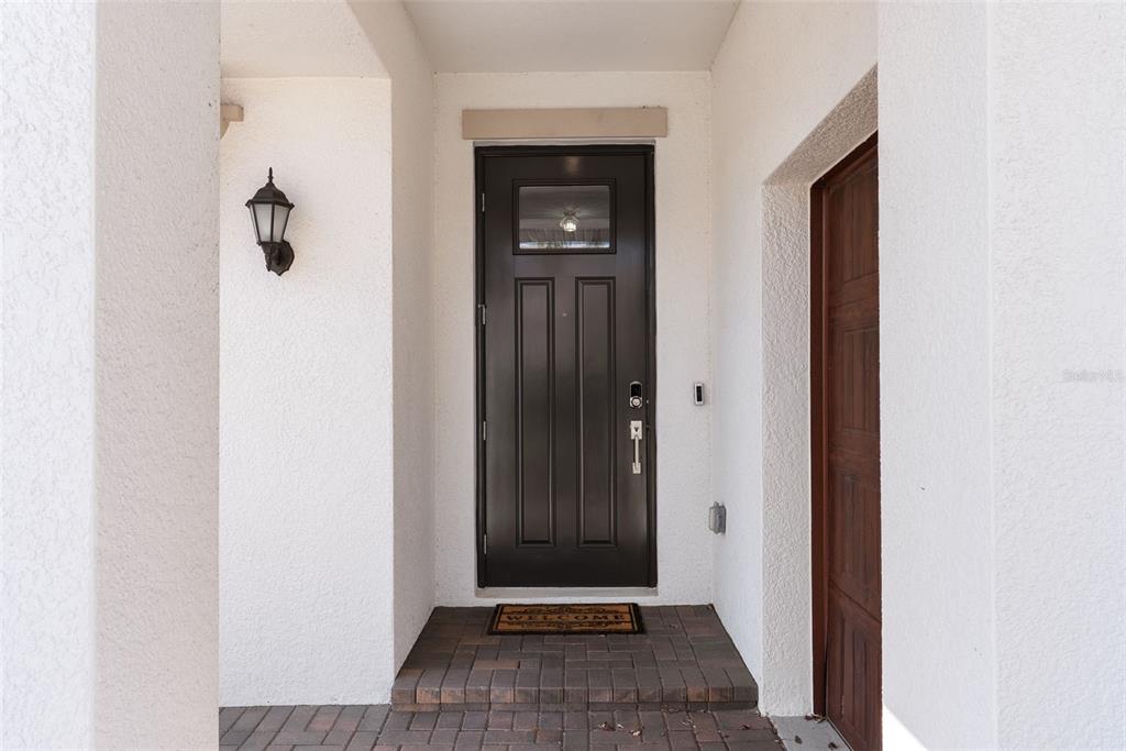 A dark front door with a glass pane sits under a covered entryway — 17335 HOLLY WELL AVENUE, WIMAUMA, FL