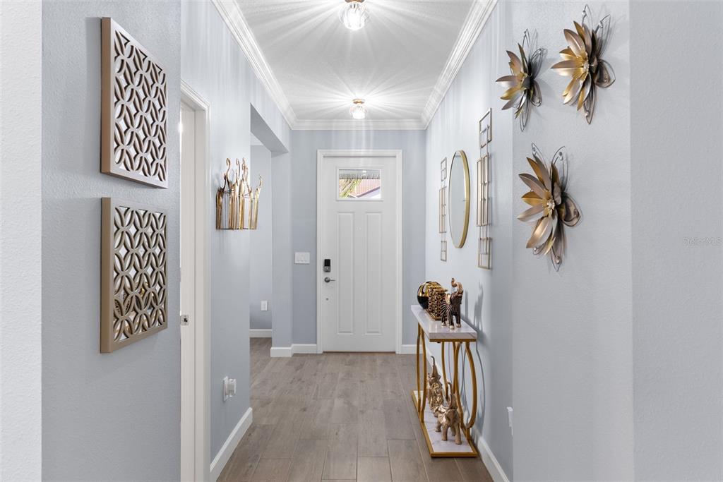 A bright entryway features light blue walls, wood-look tile flooring, and decorative wall art — 17335 HOLLY WELL AVENUE, WIMAUMA, FL
