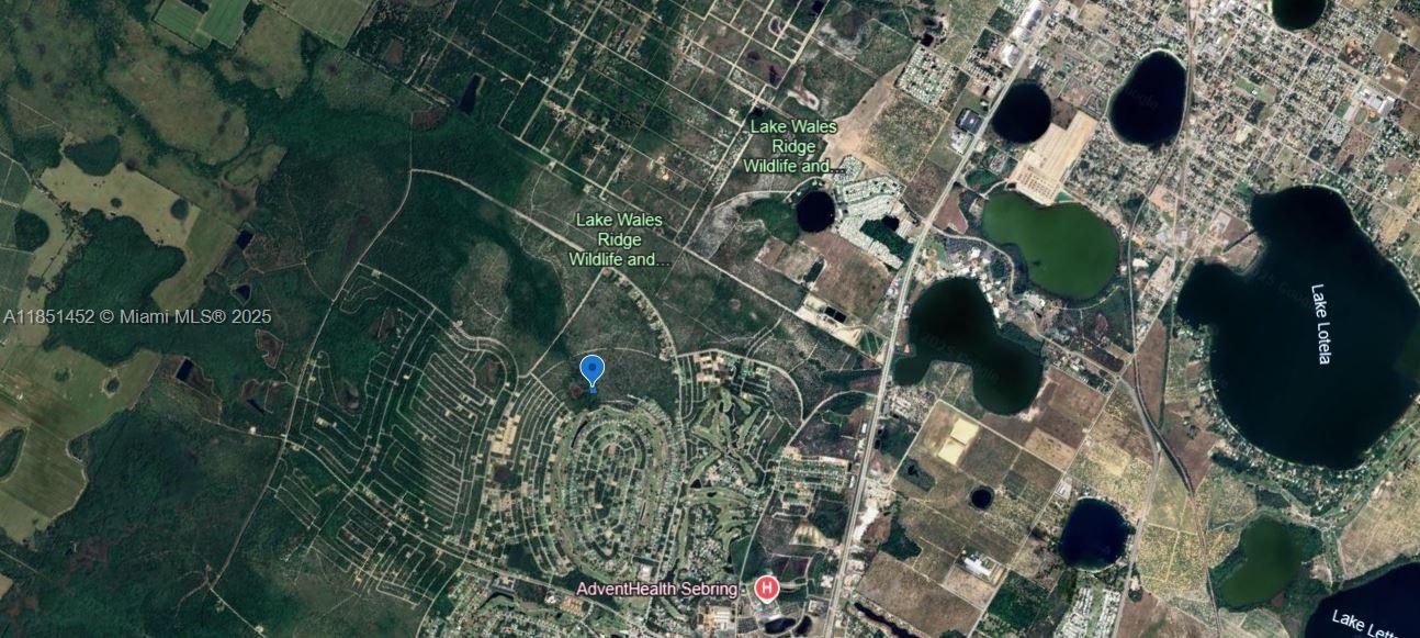 This is a satellite map view showing a residential area near AdventHealth Sebring and Lake Lotela — 6601 San Bruno Dr, Sebring FL 33872, SEBRING, FL