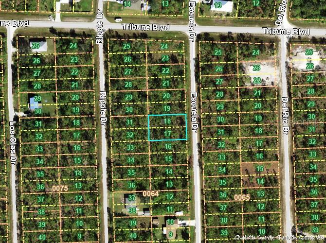 This is an aerial map showing a highlighted vacant lot among residential parcels — 12297 ESCUELA DRIVE, PUNTA GORDA, FL