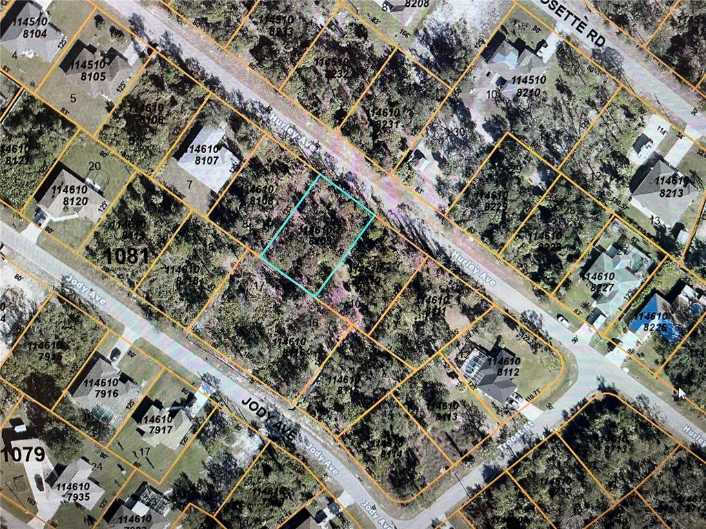 This is an aerial map showing property lot lines and street layouts in a residential area — LOT 8,9,10 HURLEY AVENUE, NORTH PORT, FL