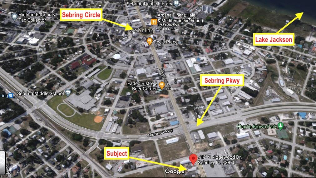 This is an aerial map showing the location of a property in Sebring, Florida — 712 N RIDGEWOOD DRIVE, SEBRING, FL