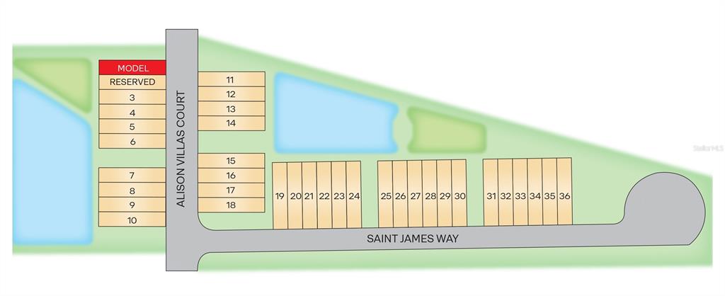 This is a site map showing the layout of numbered residential lots along two streets — SAINT JAMES WAY, NEW SMYRNA BEACH, FL
