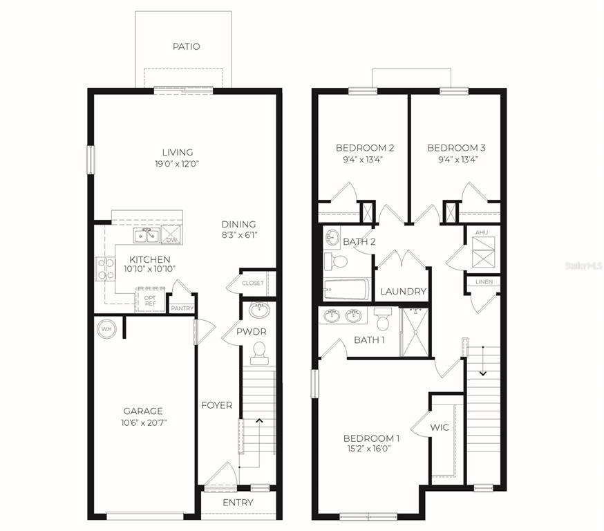 This is a two-story residential floor plan showing a garage, living areas, and three bedrooms — SAINT JAMES WAY, NEW SMYRNA BEACH, FL
