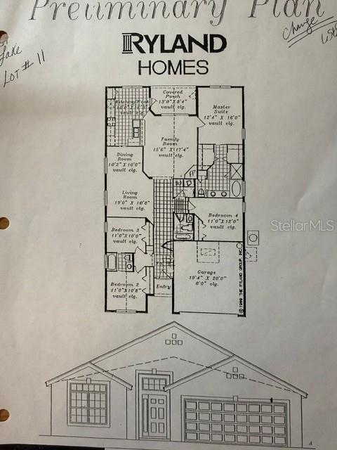 This is a floor plan and front elevation rendering for a single-story Ryland Homes house — 839 MATTOCKS COURT, CASSELBERRY, FL
