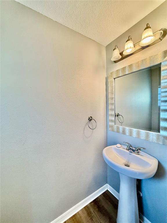 A bathroom features a pedestal sink, a wall-mounted mirror, and a three-light vanity fixture — 4505 ASHBURN SQUARE DRIVE, TAMPA, FL
