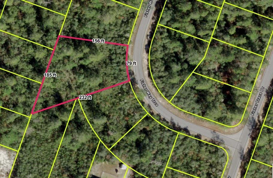 This is an aerial map showing a vacant lot outlined in pink with its dimensions — FISHER WAY TRACK, OCKLAWAHA, FL