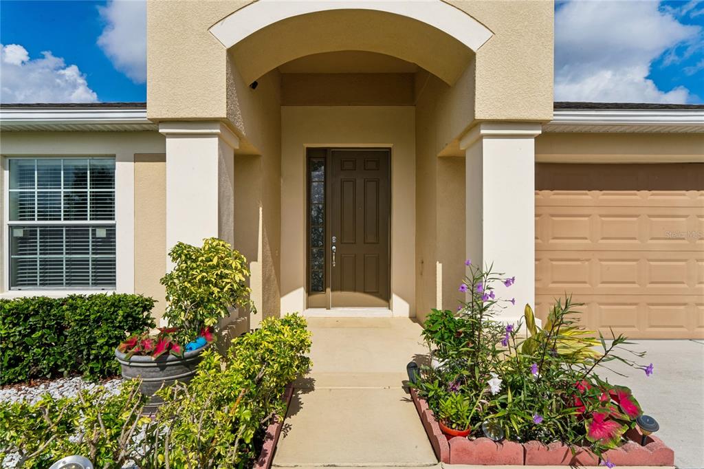 The exterior view shows a house entrance with a brown door, columns, and landscaping — 799 ALPINE THISTLE DRIVE, BROOKSVILLE, FL