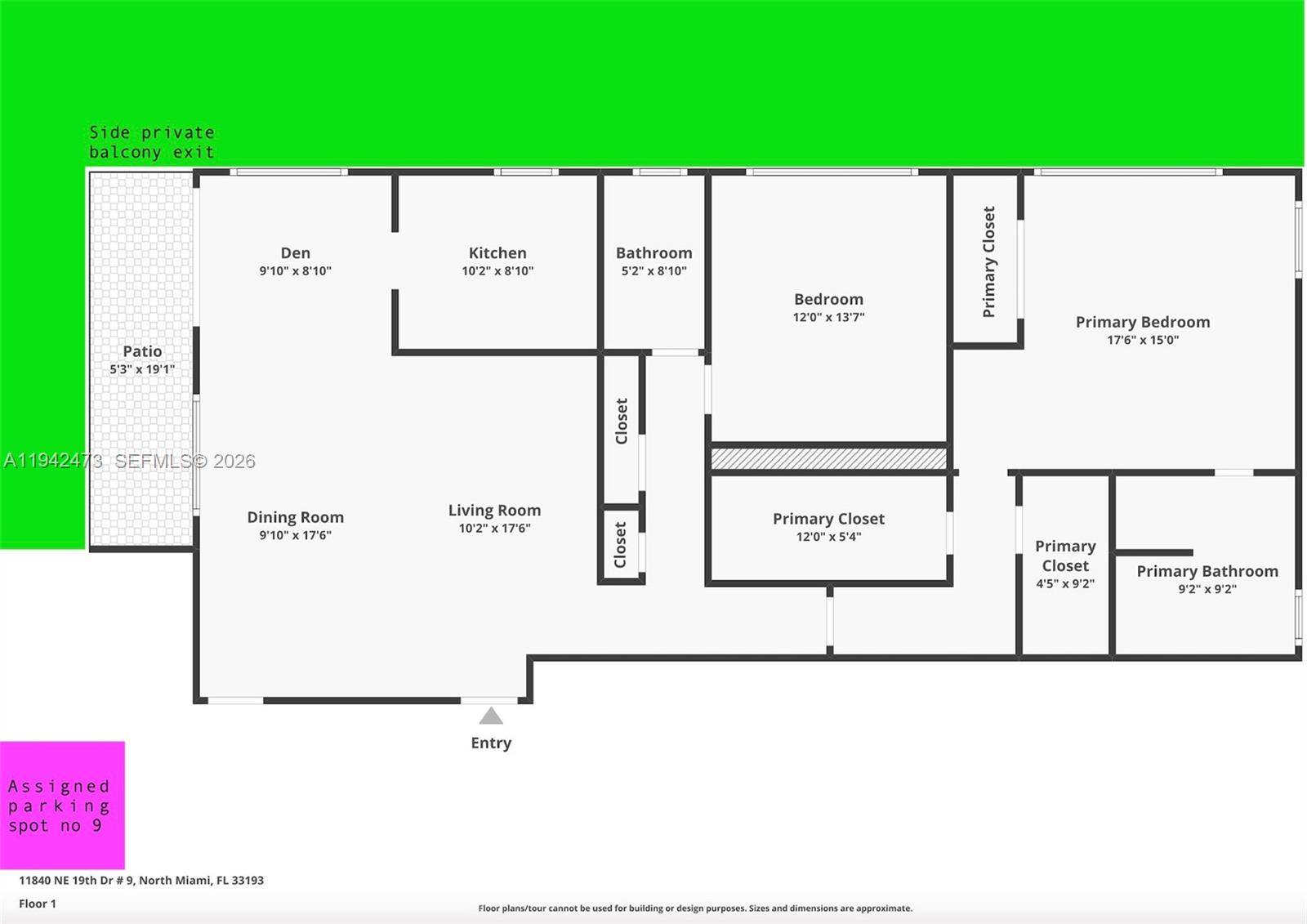 This is a floor plan for a residential unit featuring two bedrooms and a patio — 11840 NE 19th Dr # 9, North Miami FL 33181, NORTH MIAMI, FL