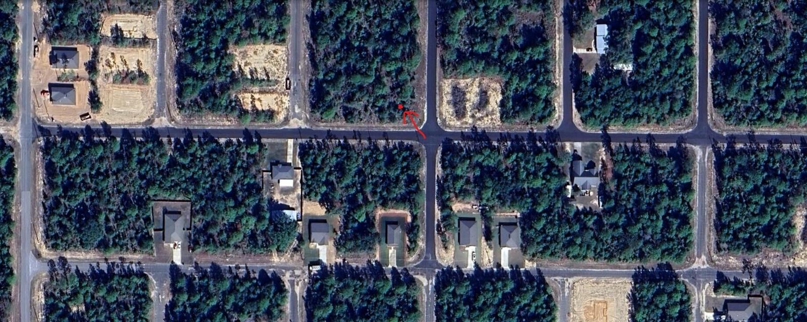 An aerial satellite view shows a residential street grid with several houses and wooded lots — 9999 Merrick Drive, FL 32428, FL