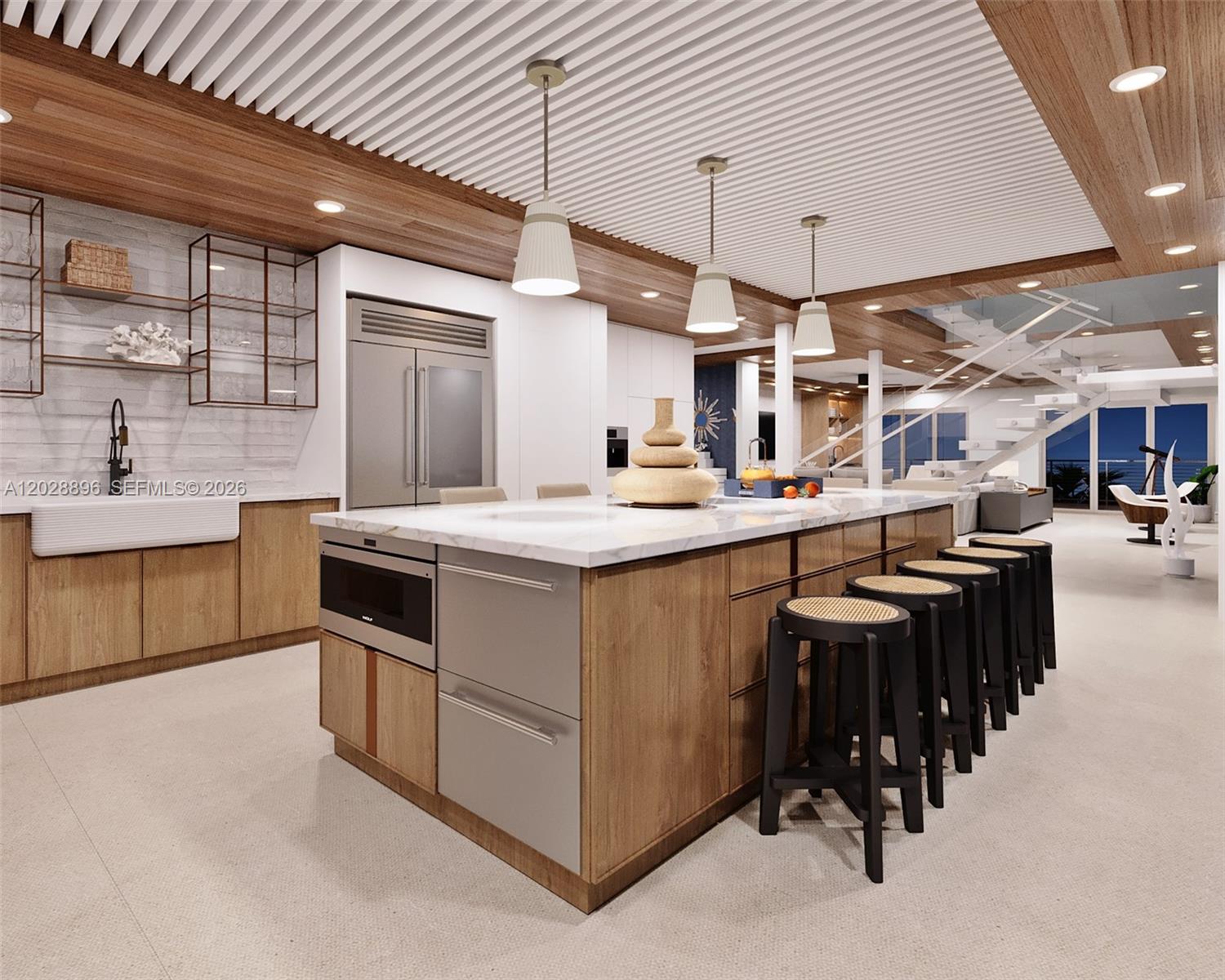 This rendering shows a modern kitchen with a large island, wooden cabinetry, and pendant lighting — 233 Aberdeen Ct, Tavernier FL 33070, TAVERNIER, FL