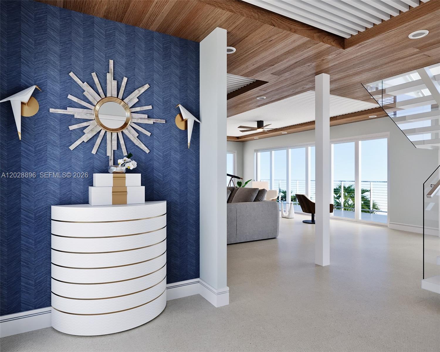 This rendering shows an entryway with a blue chevron wall, white console, and staircase — 233 Aberdeen Ct, Tavernier FL 33070, TAVERNIER, FL