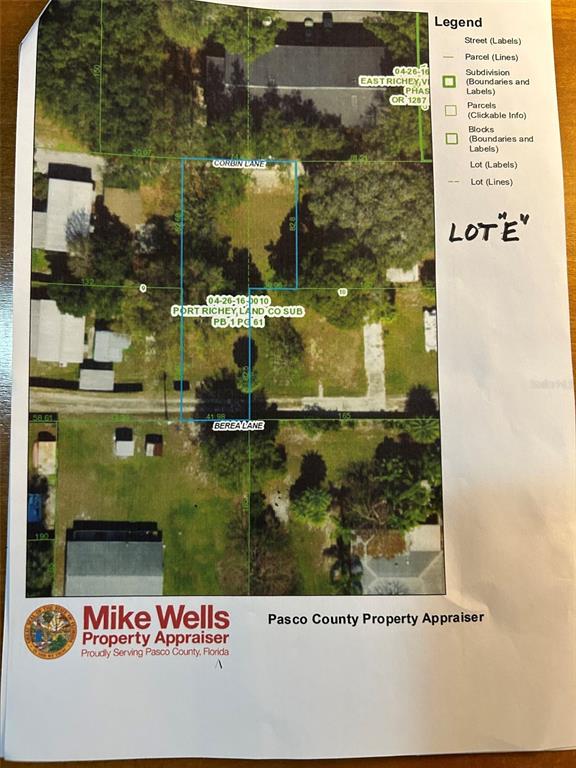 This is a property map showing a land parcel located between Corbin Lane and Berea Lane — CORBIN LANE, NEW PORT RICHEY, FL