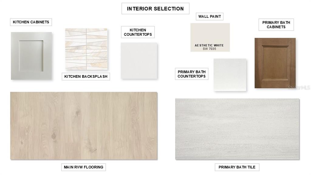 This interior design selection board displays samples of cabinets, countertops, flooring, tile, and wall paint — 3822 COUNTRY VIEW COURT, BRADENTON, FL