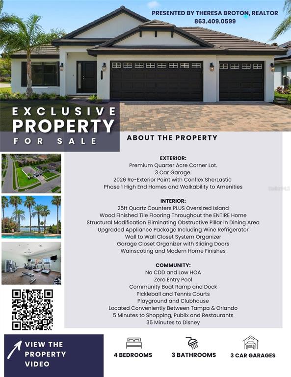 This real estate flyer displays a single-story house exterior, property features, and community amenities — 477 LAKE VISTA DRIVE, AUBURNDALE, FL