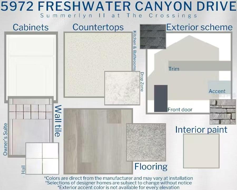 This design board displays interior finishes, flooring, and exterior color schemes for a new home — 5972 FRESHWATER CANYON DRIVE, ST CLOUD, FL