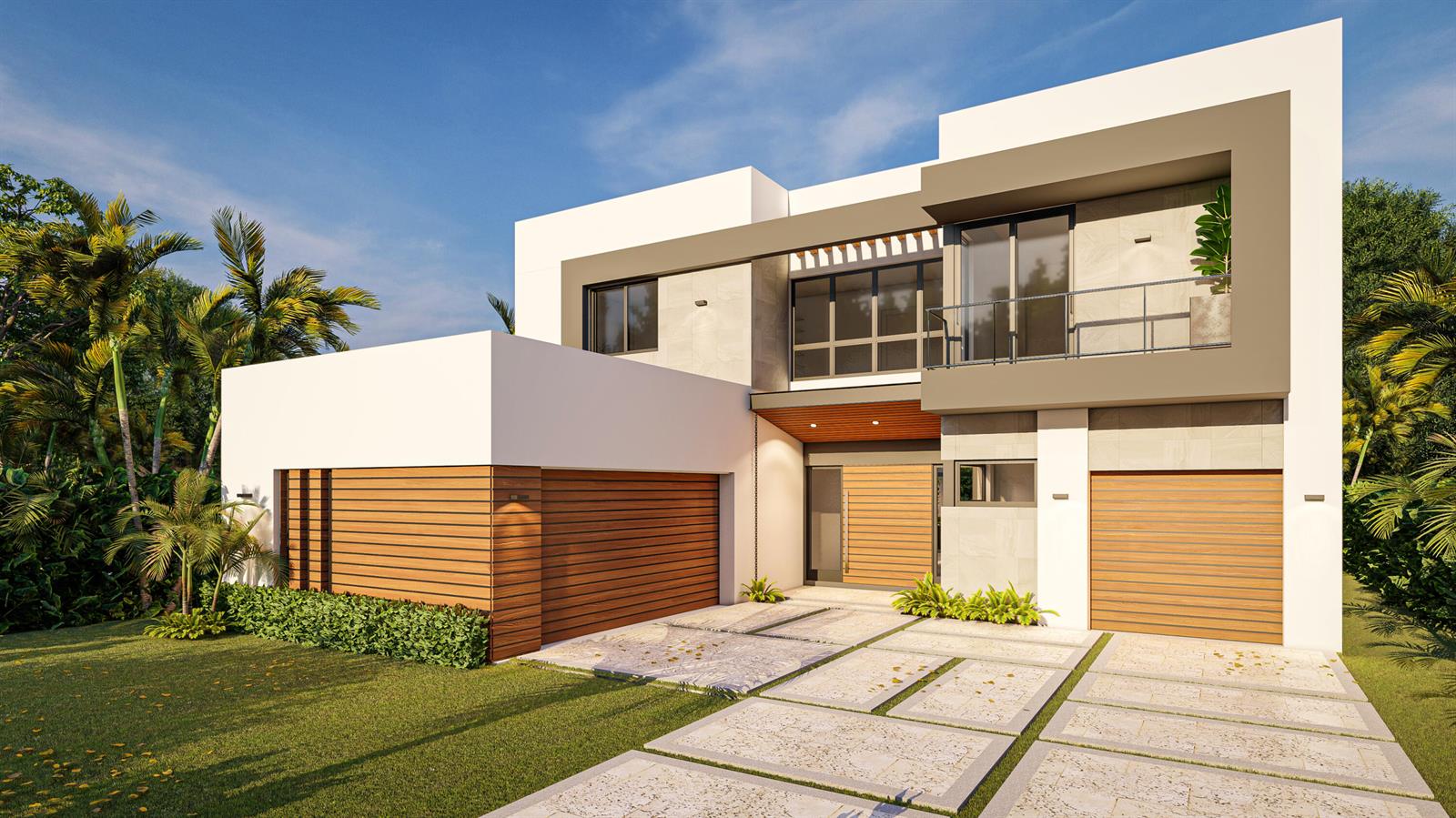 A digital architectural rendering of a modern two-story house with a wooden garage and driveway — 16725 Mosaic Place, Delray Beach FL 33446, DELRAY BEACH, FL