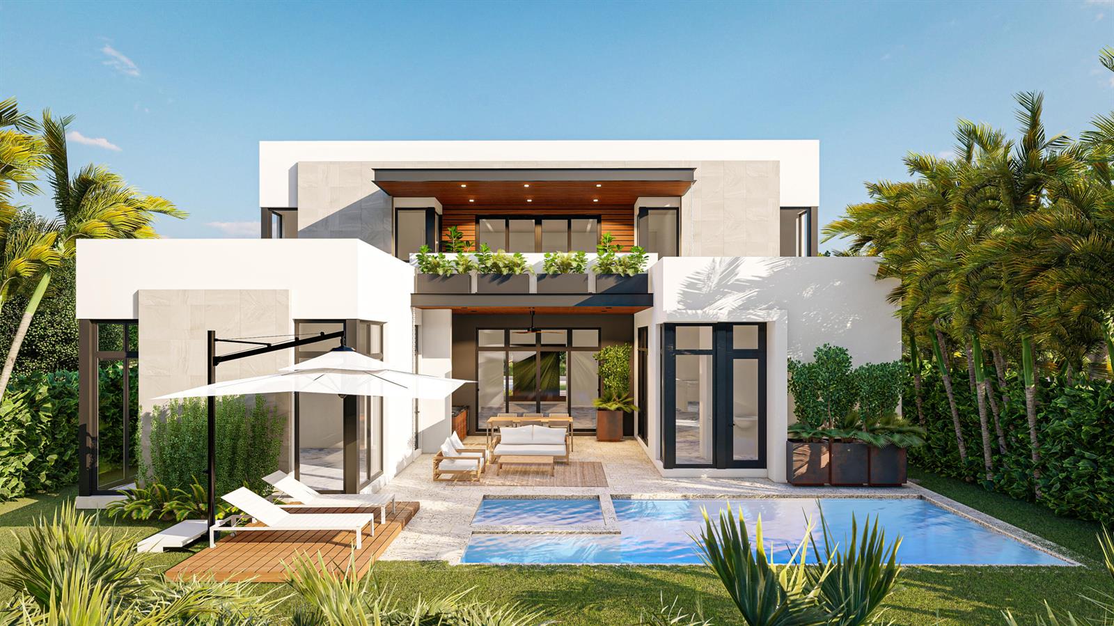This architectural rendering shows the rear exterior of a modern two-story house with a pool — 16725 Mosaic Place, Delray Beach FL 33446, DELRAY BEACH, FL