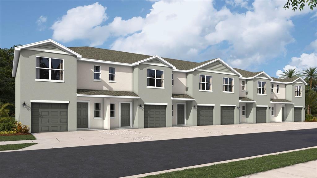 A digital rendering shows a row of modern two-story townhomes with attached garages — 7648 42ND LANE N, PINELLAS PARK, FL