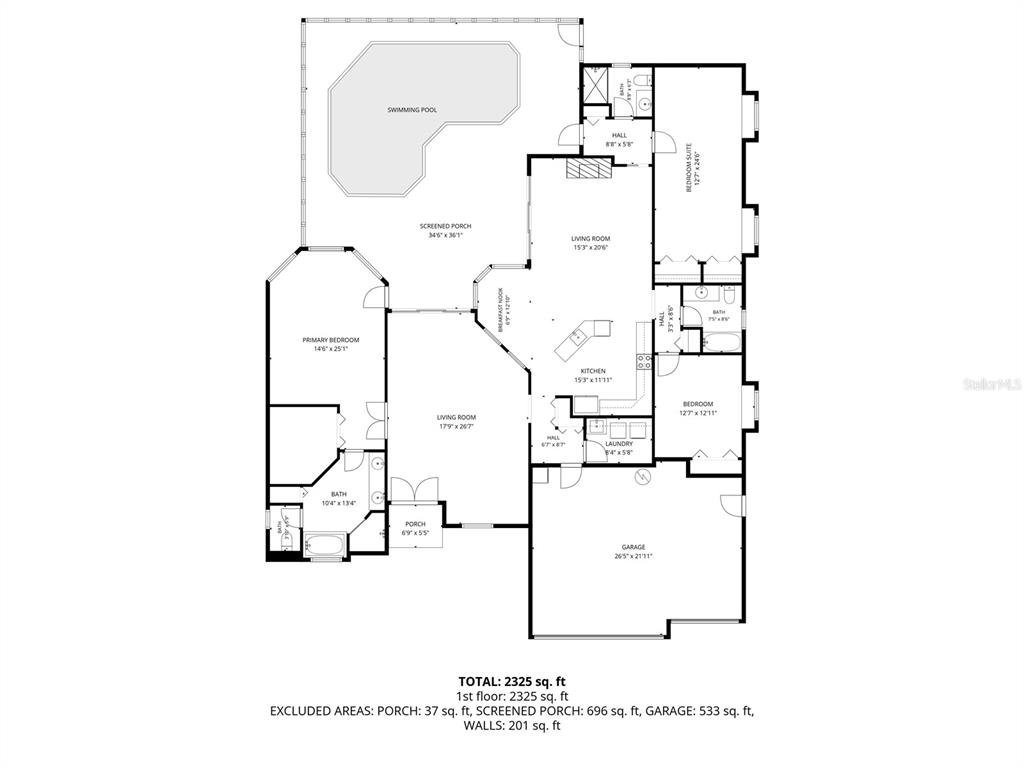 This is a floor plan of a house featuring a swimming pool and screened porch — 4072 MISTY VIEW DRIVE, SPRING HILL, FL