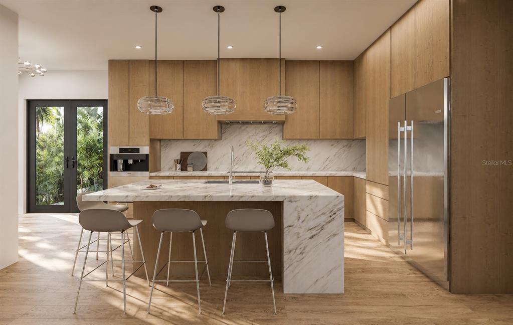 This rendering shows a modern kitchen with wood cabinetry, a marble waterfall island, and stools — 3406 BAYSHORE BLVD NE, ST PETERSBURG, FL