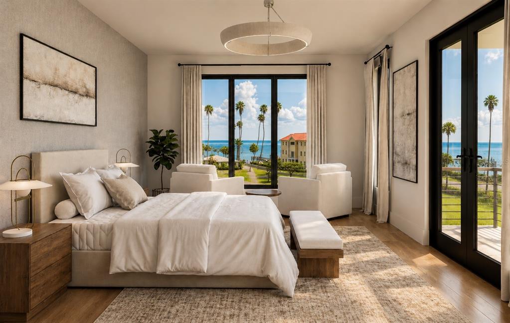 This rendering shows a modern bedroom with a king bed, seating area, and ocean view — 3406 BAYSHORE BLVD NE, ST PETERSBURG, FL